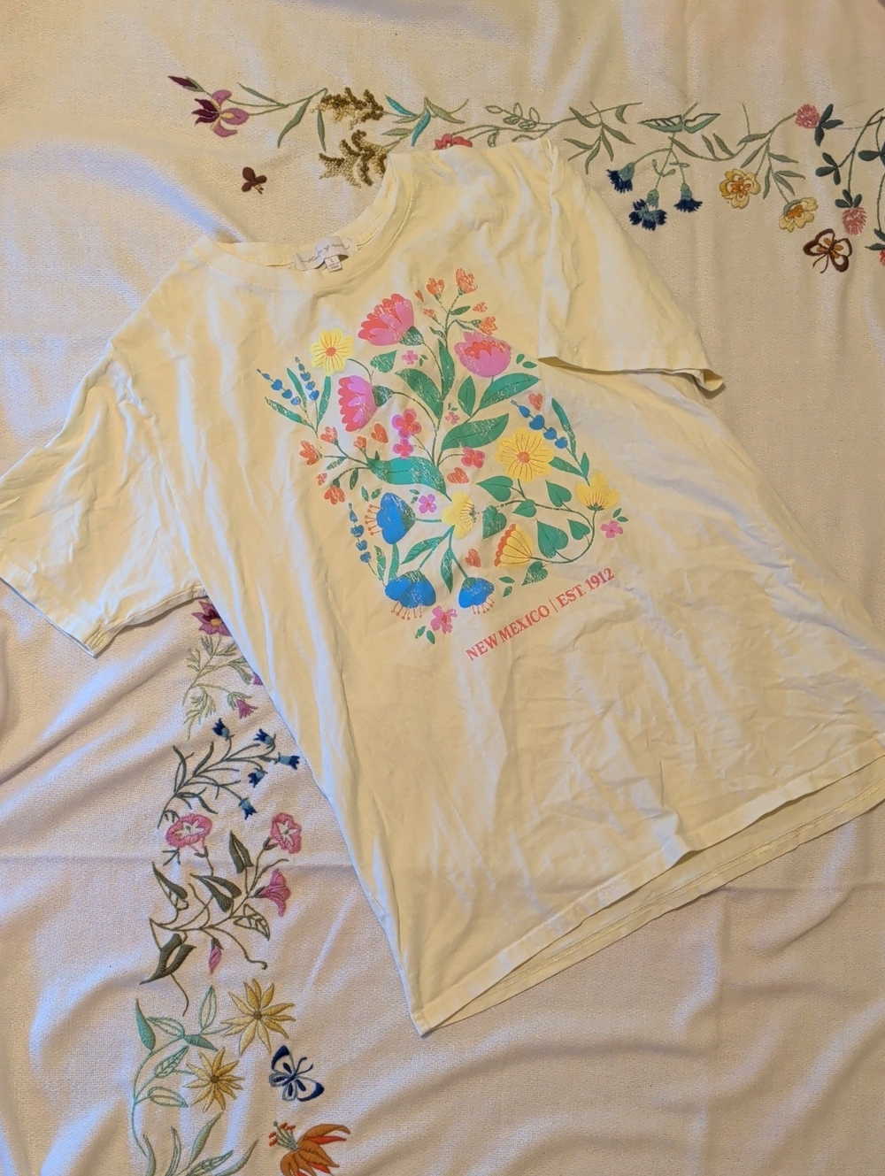 State of Mind Cream Women's Floral Tee with Pink, Yellow, Blue & Green Print